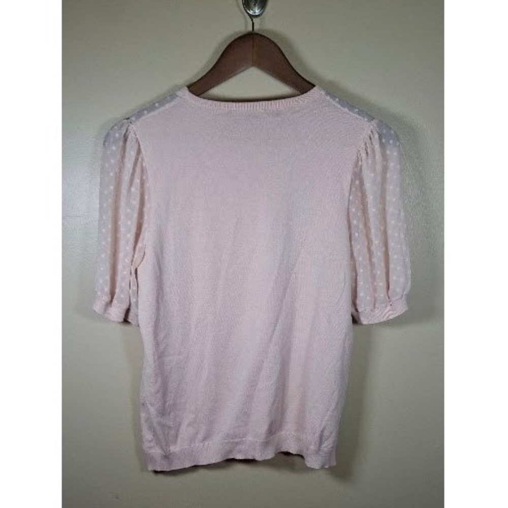 Adrianna Papell Pink Polka Dot Mesh Sleeve Knit Sweater Top Medium - Picture 3 of 4